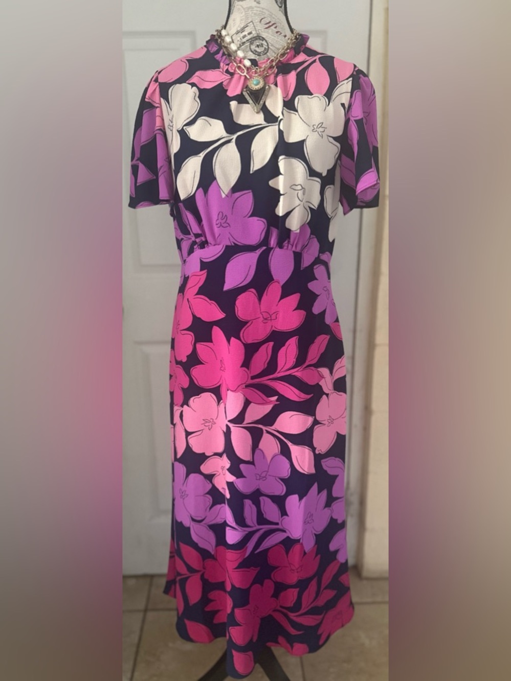 Maggy London Navy Maxi Dress with Pink & Purple Floral Print